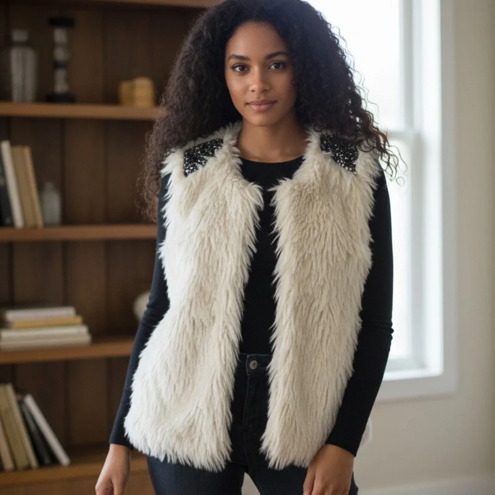 Forever 21 Cream Faux Fur Vest with Beaded Shoulder Embellishments - Picture 5 of 6